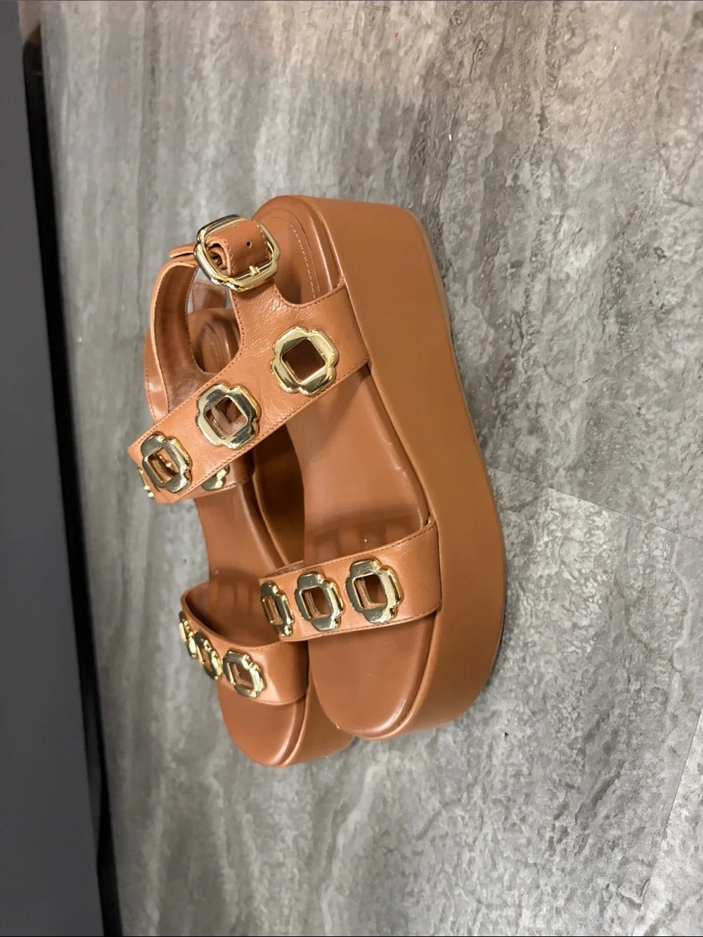 Larroudé Milan Grommet Women’s Platform Sandals, Tan & Gold Buckle Accents